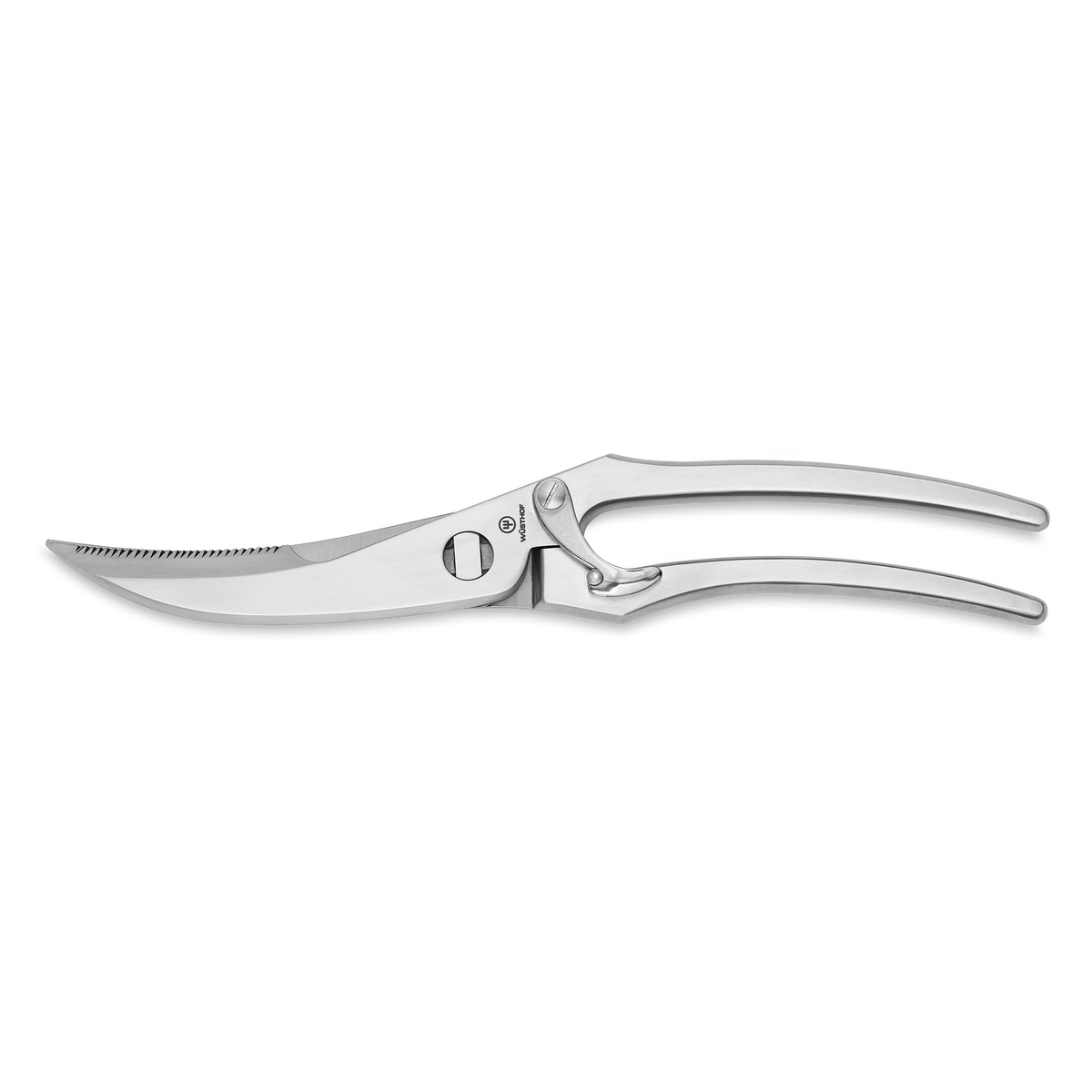 9" Stainless Steel Poultry Shears featuring a curved serrated blade and ergonomic all-metal handles for efficient and precise poultry cutting.
