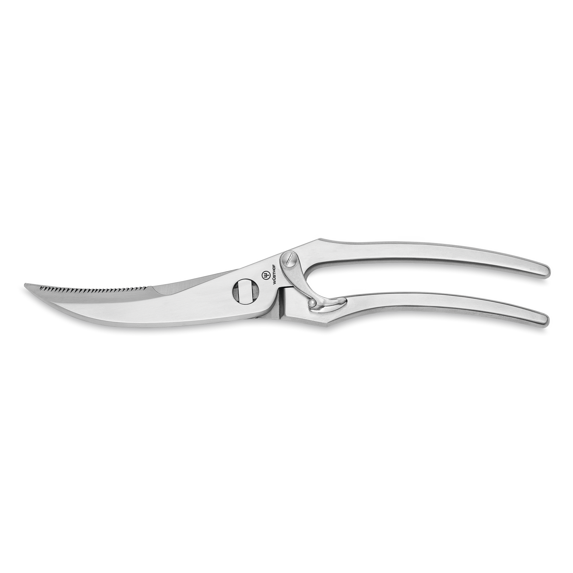 9" Stainless Steel Poultry Shears featuring a curved serrated blade and ergonomic all-metal handles for efficient and precise poultry cutting.