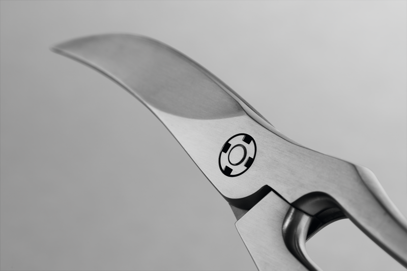 9" Stainless Steel Poultry Shears close-up showing the precision curved stainless steel blade and sturdy all-metal hinge mechanism.