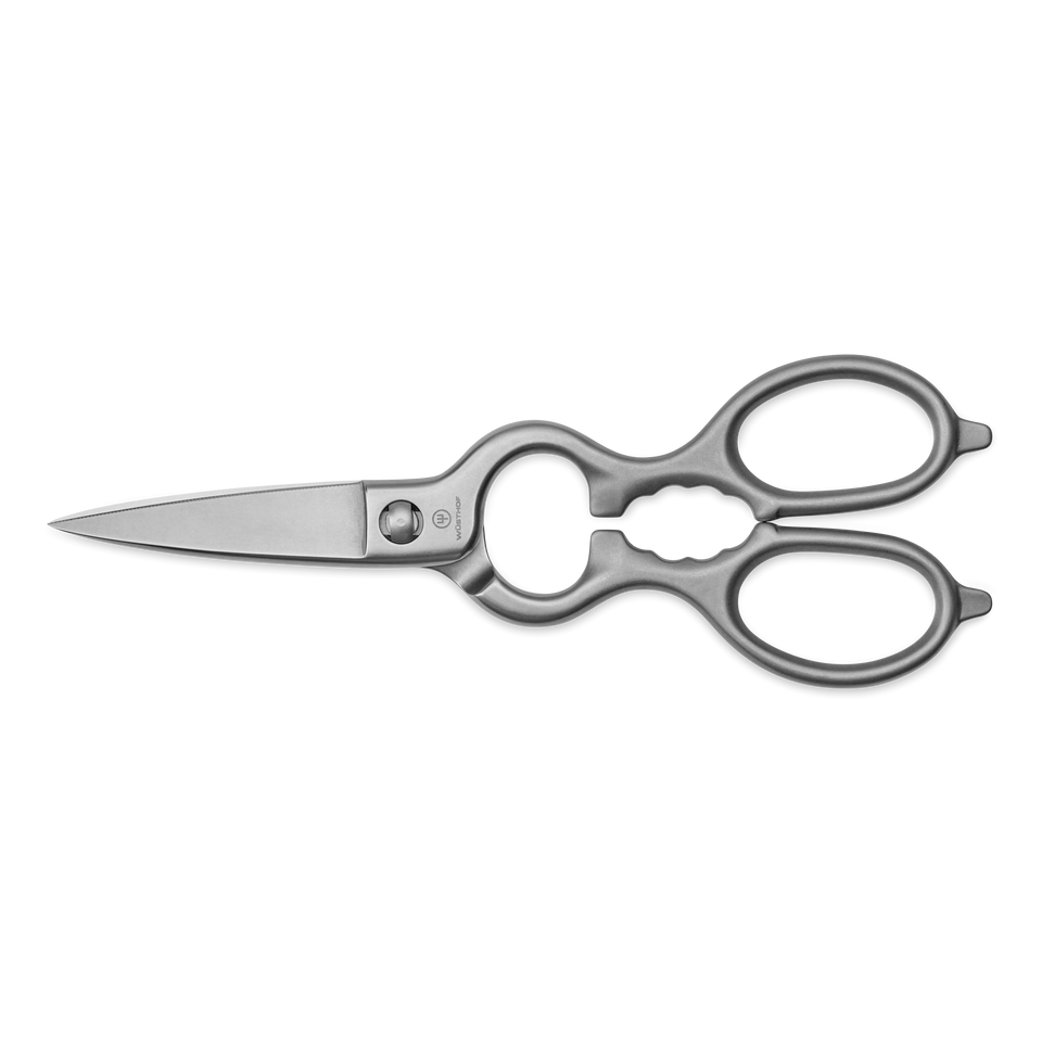 Brushed Stainless Kitchen Shears featuring sharp, durable blades and a contoured handle designed for versatile cutting tasks in the kitchen.