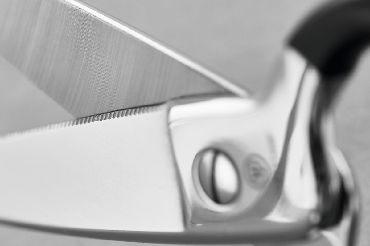 Stainless Kitchen Shears with Synthetic Grips highlighting the serrated and smooth stainless steel blades with a polished pivot joint for precise cutting control.