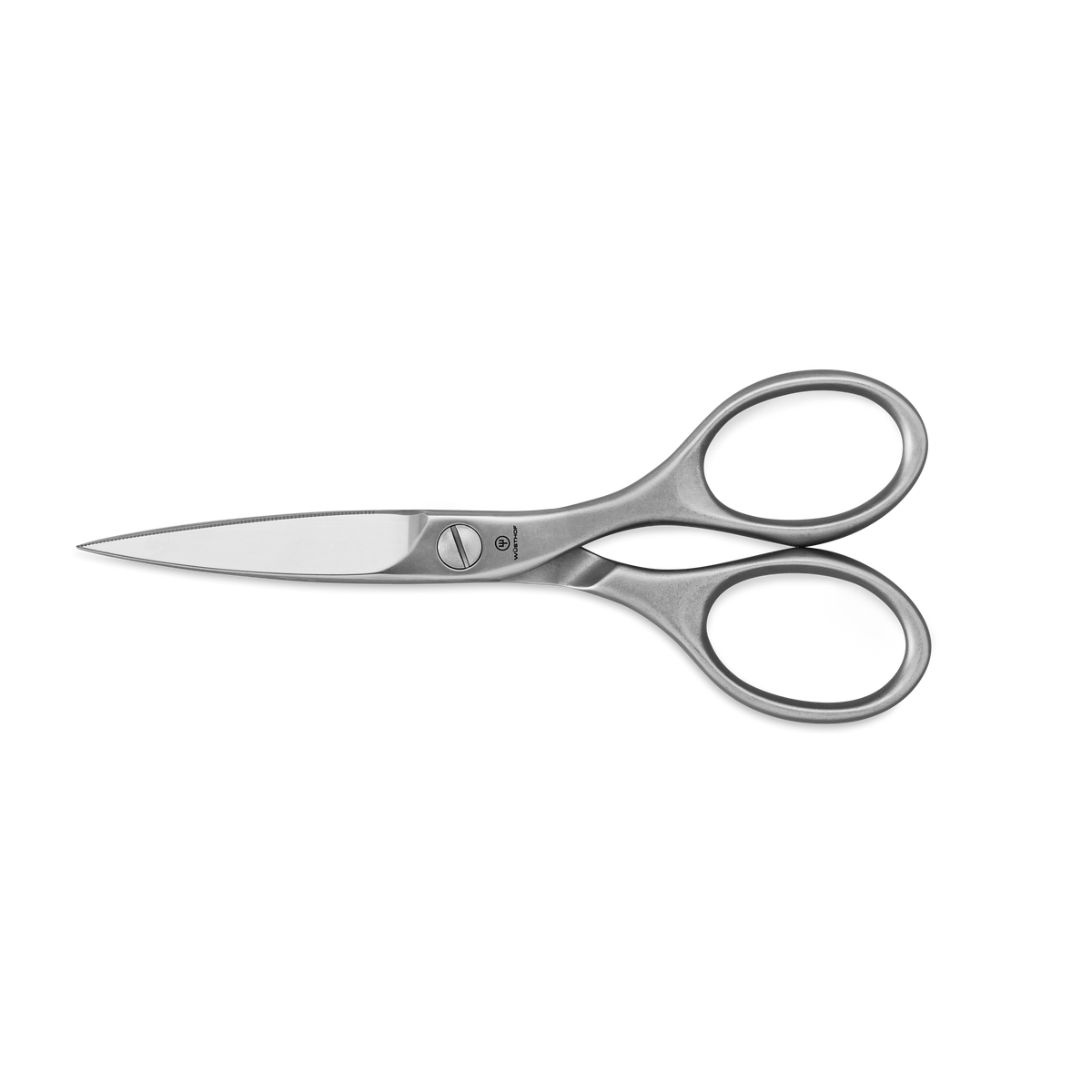 Brushed Stainless Kitchen Shears featuring sharp, pointed blades and ergonomic handles for precise cutting tasks in the kitchen.