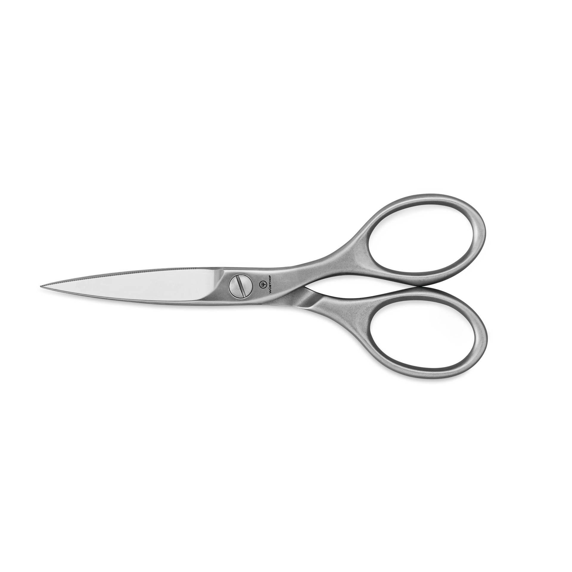 Brushed Stainless Kitchen Shears featuring sharp, pointed blades and ergonomic handles for precise cutting tasks in the kitchen.