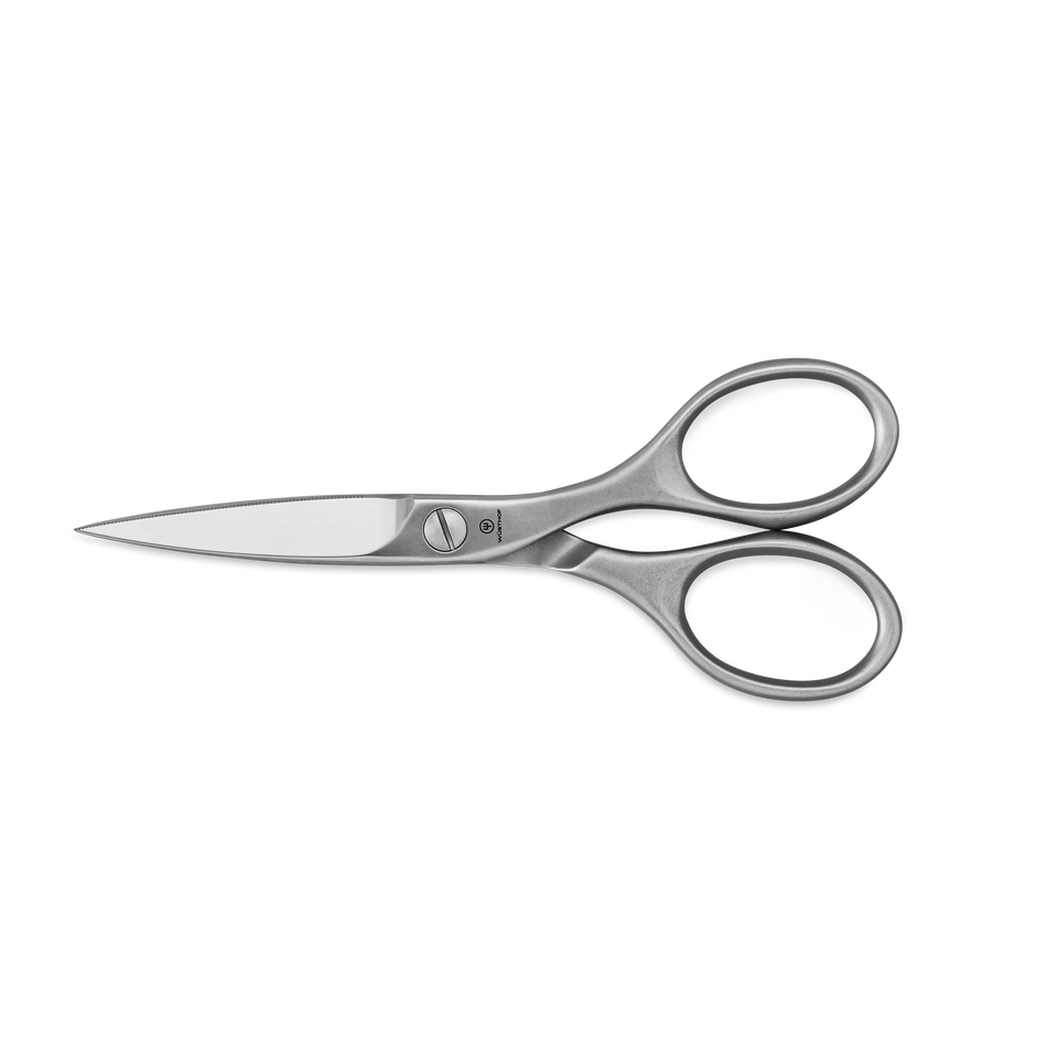 Brushed Stainless Kitchen Shears featuring sharp, pointed blades and ergonomic handles for precise cutting tasks in the kitchen.