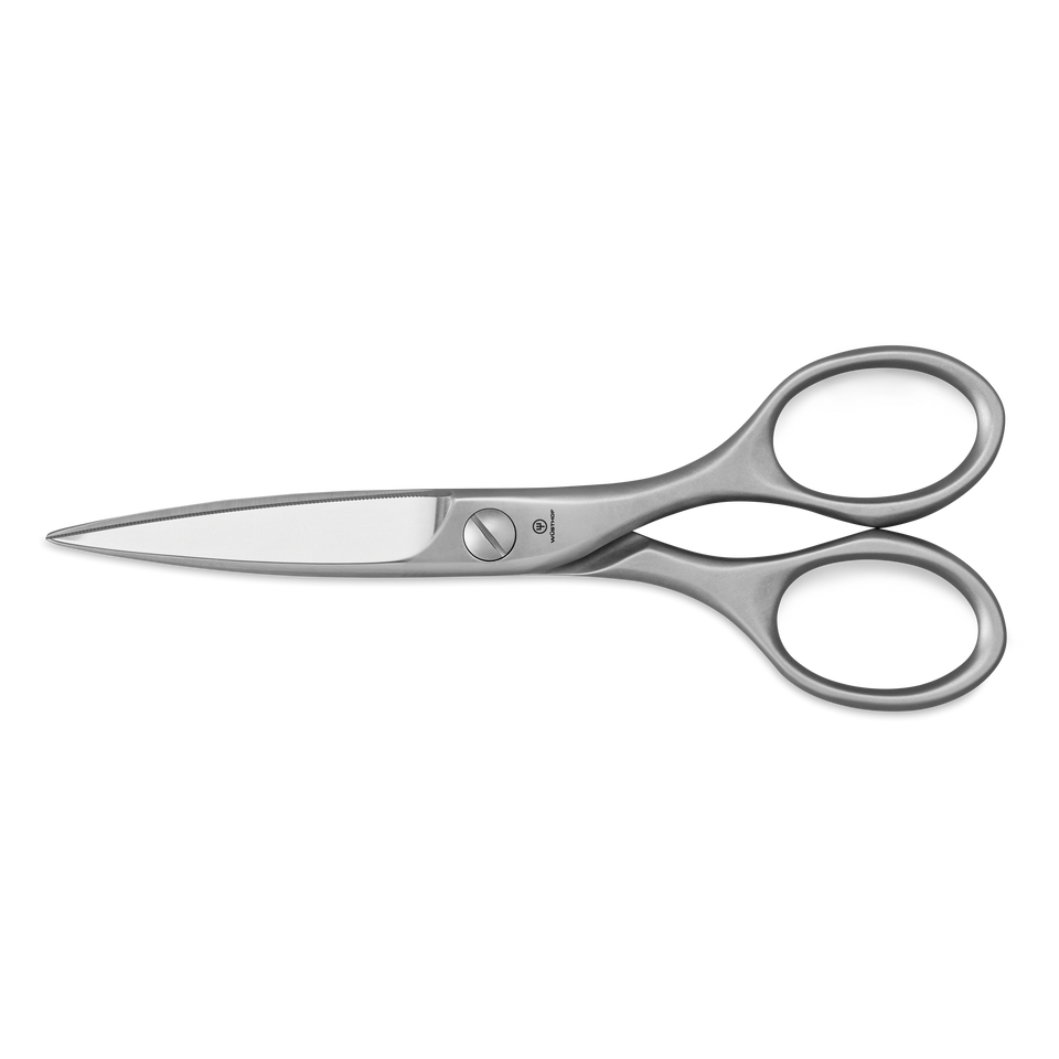 Brushed Stainless Kitchen Shears with slim, pointed blades and smooth ergonomic handles for precise cutting and versatility in food preparation.