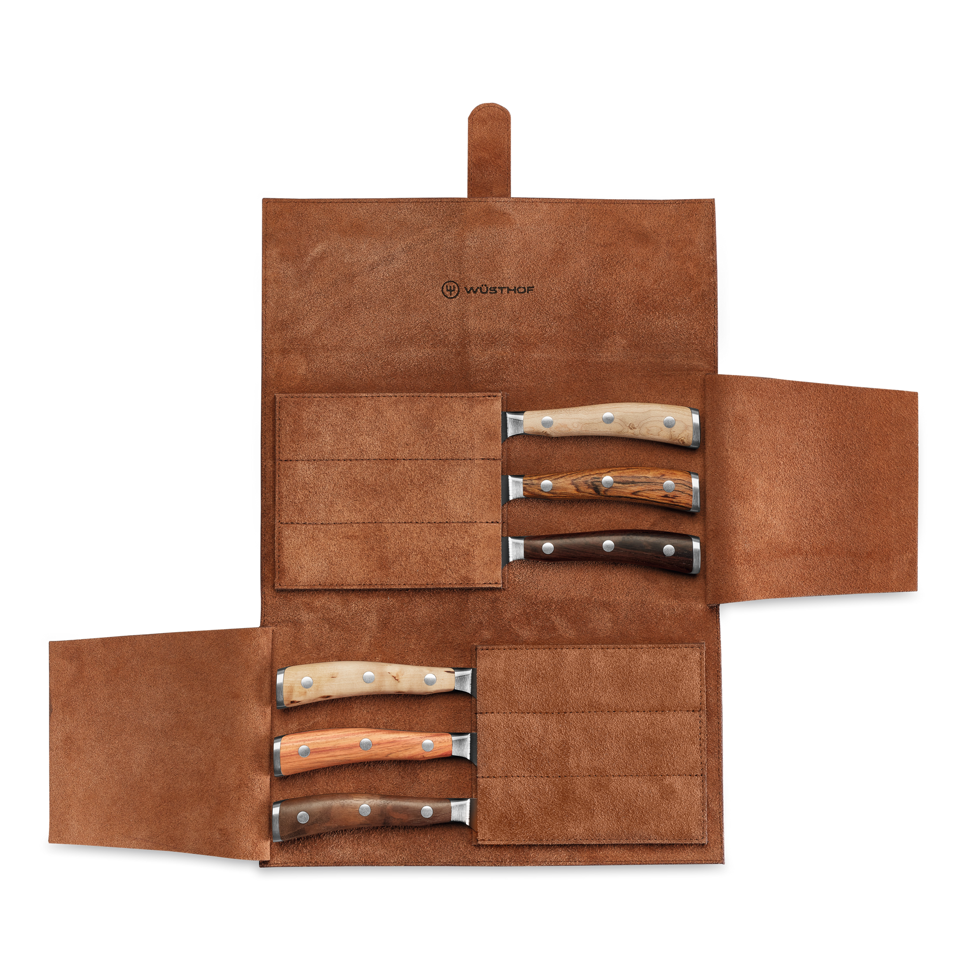 Ikon 6-Piece Mixed Wood Steak Knife Set with Leather Knife Roll featuring six steak knives with varied wood handles securely stored in a rich brown leather roll.