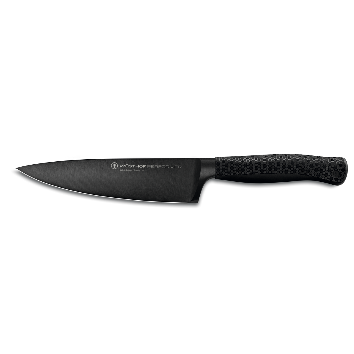 Performer 6" Chef's Knife with a sleek black forged German steel blade and textured ergonomic handle designed for precision and comfort in the kitchen.