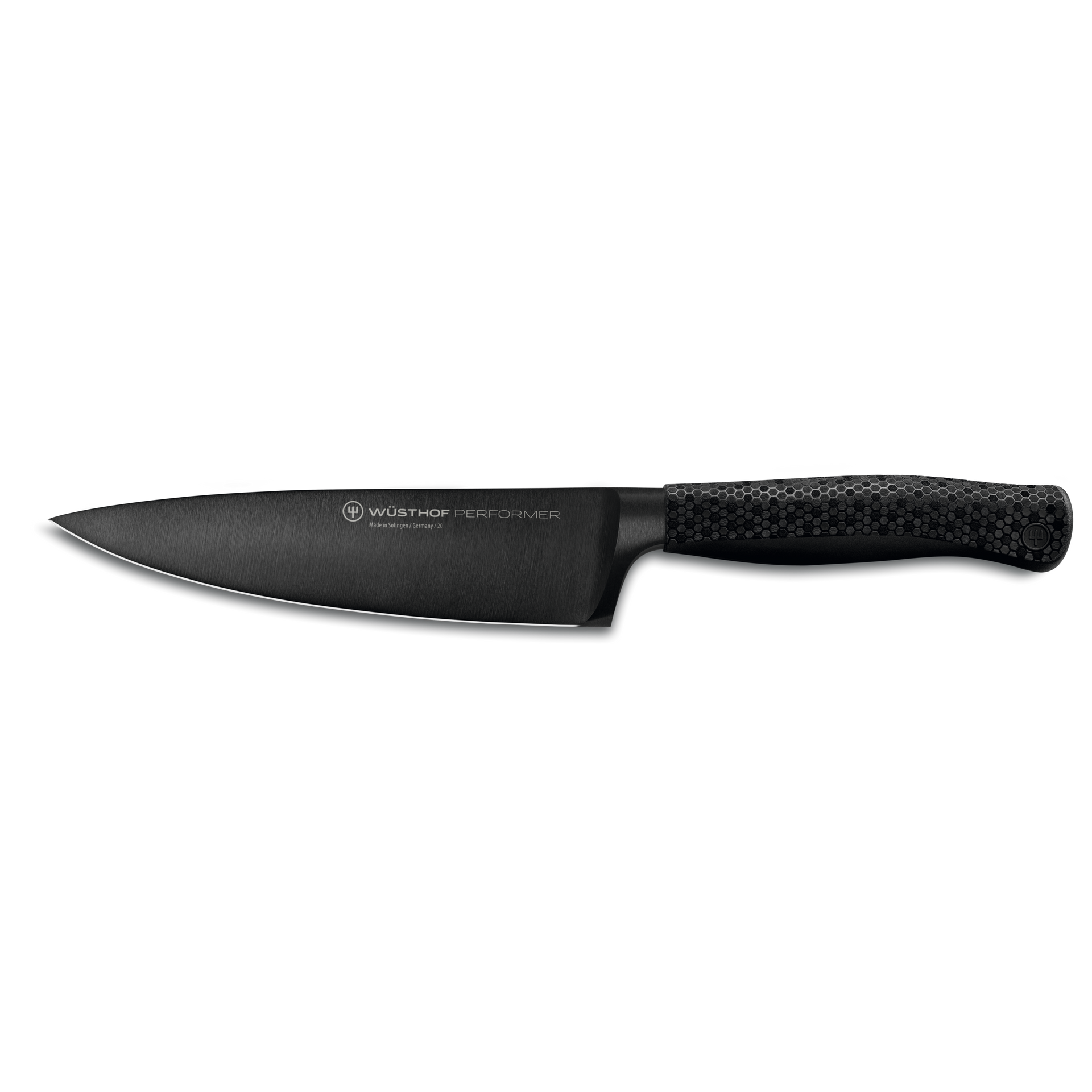 Performer 6" Chef's Knife with a sleek black forged German steel blade and textured ergonomic handle designed for precision and comfort in the kitchen.