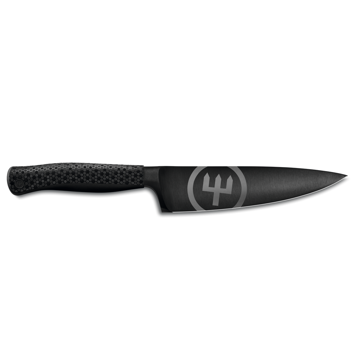 Performer 6" Chef's Knife with a matte black forged German steel blade featuring a subtle logo and a textured ergonomic handle for balanced control.