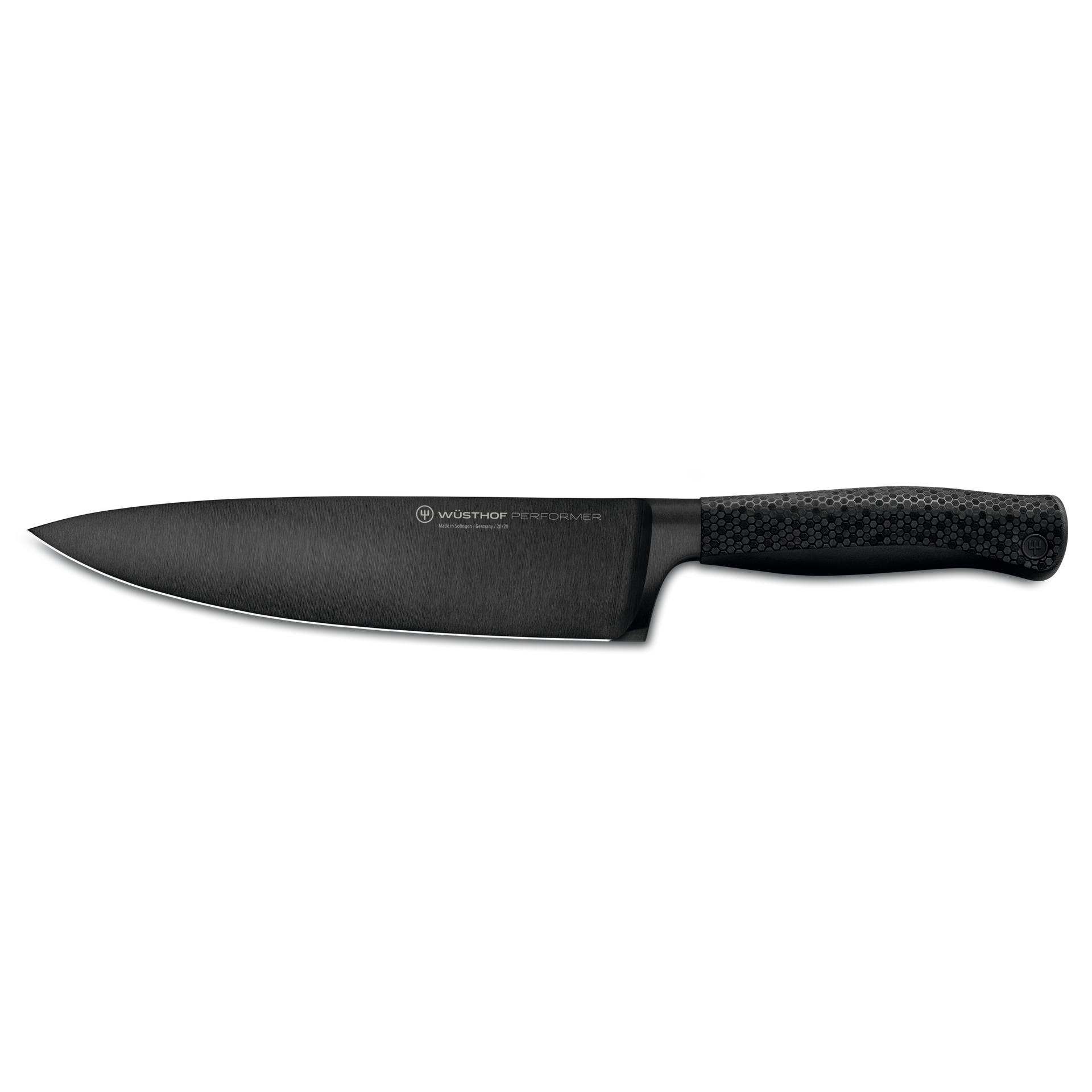 Performer 8" Chef's Knife with a sleek black forged German steel blade and a textured handle featuring a hexagonal pattern for superior grip and control.