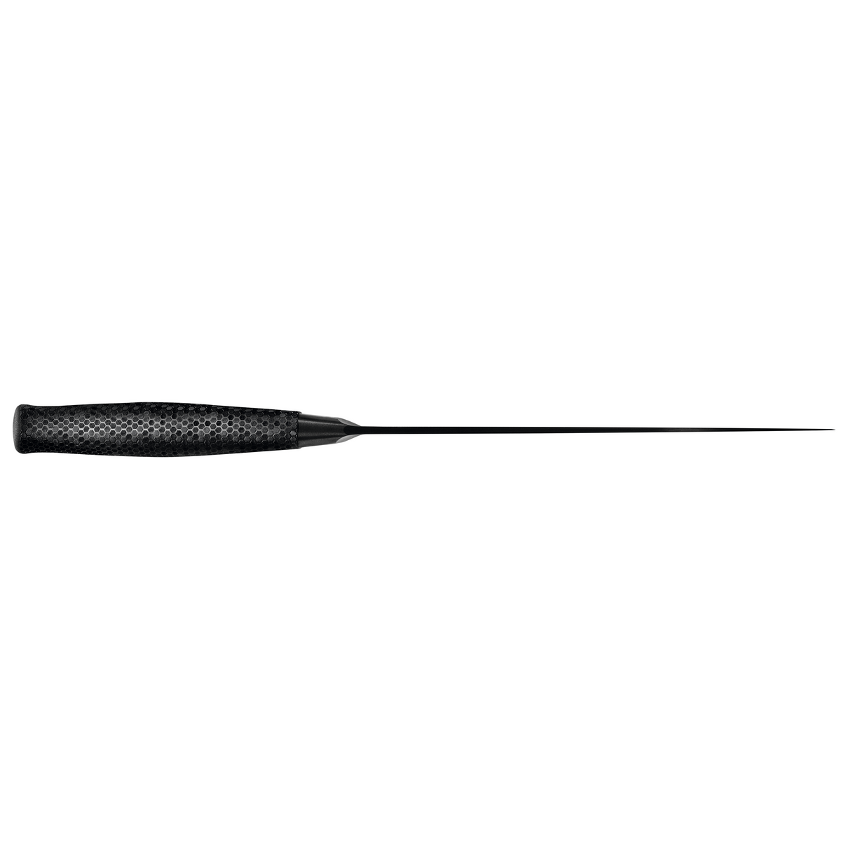 Performer 8" Chef's Knife shown from the top view highlighting its slim, tapered black forged German steel blade and textured ergonomic handle for precision cutting.