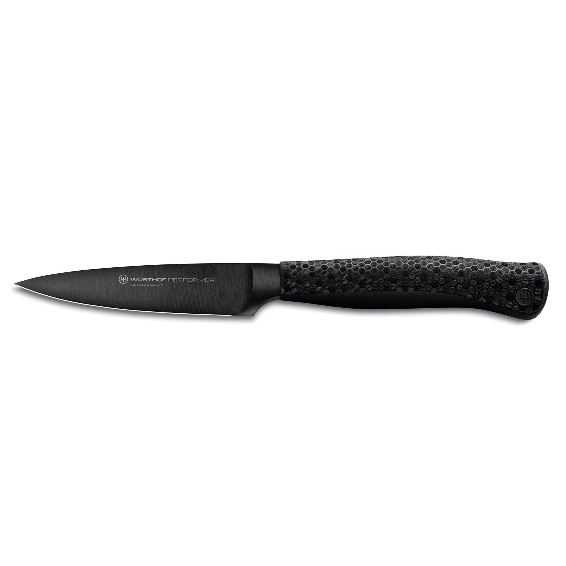 Performer 3 1/2" Paring Knife with a sleek black blade and textured ergonomic handle, crafted for precise and comfortable kitchen cutting.
