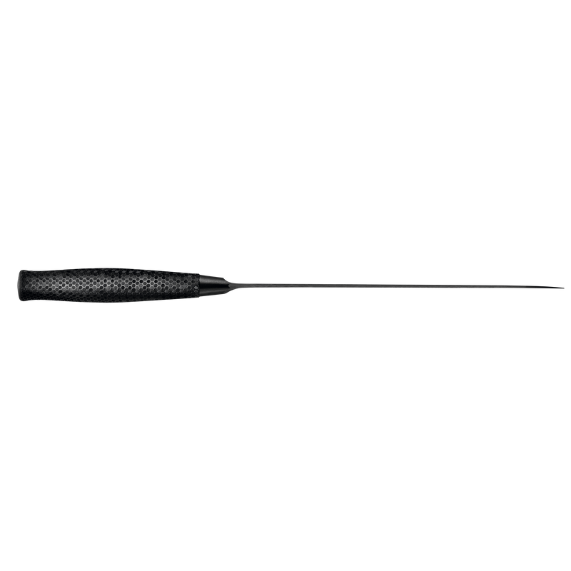Performer 9" Precision Double-Serrated Bread Knife featuring a slim forged blade with a textured black ergonomic handle for enhanced grip and control.