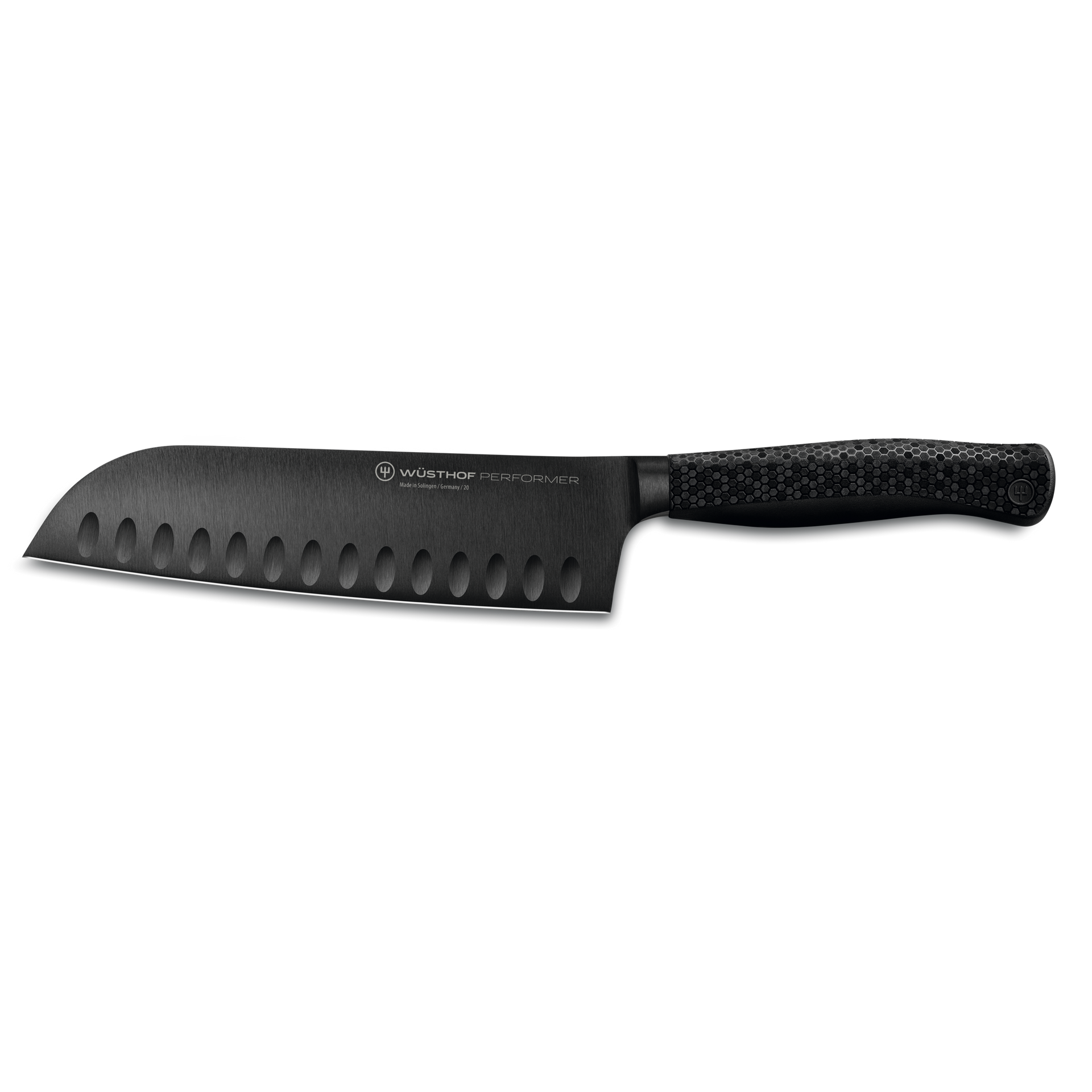 Performer 7" Santoku featuring a matte black forged German steel blade with hollow edge and textured ergonomic handle for precise cutting.