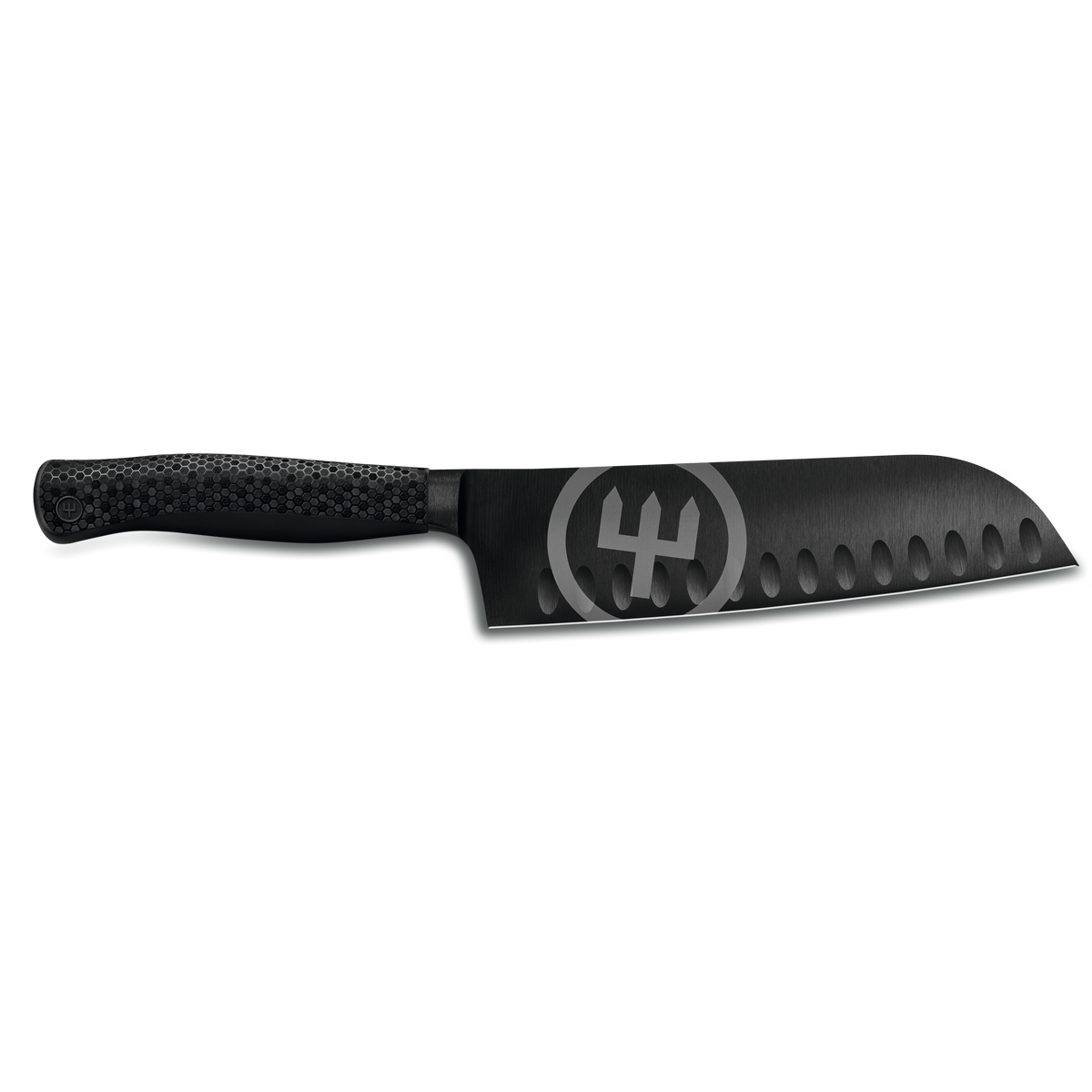 Performer 7" Santoku with matte black forged German steel blade featuring hollow edge dimples and a textured ergonomic handle for precise control.