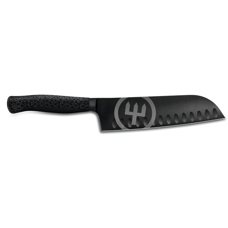 Performer 7" Santoku with matte black forged German steel blade featuring hollow edge dimples and a textured ergonomic handle for precise control.