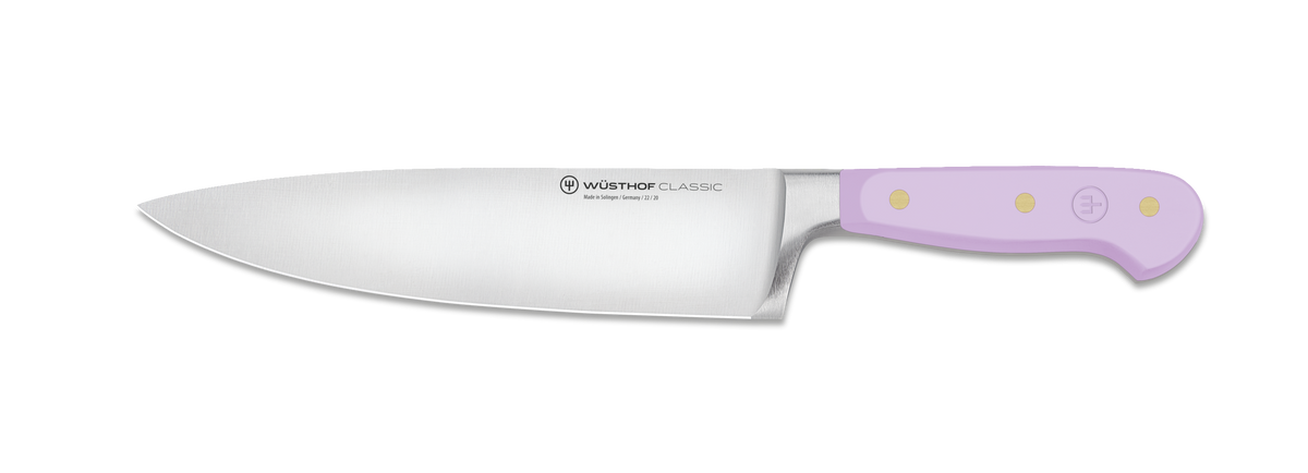 Classic 3-Piece Essential Knife Set - Purple Yam showing a forged German chef's knife with a sharp stainless steel blade and ergonomic purple handle with brass rivets.