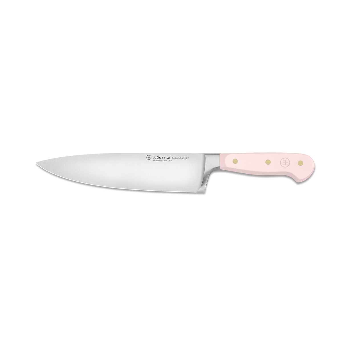 Classic 3-Piece Essential Knife Set - Pink Himalayan Salt featuring a forged German chef’s knife with a sharp stainless steel blade and ergonomic pink handle with brass rivets.