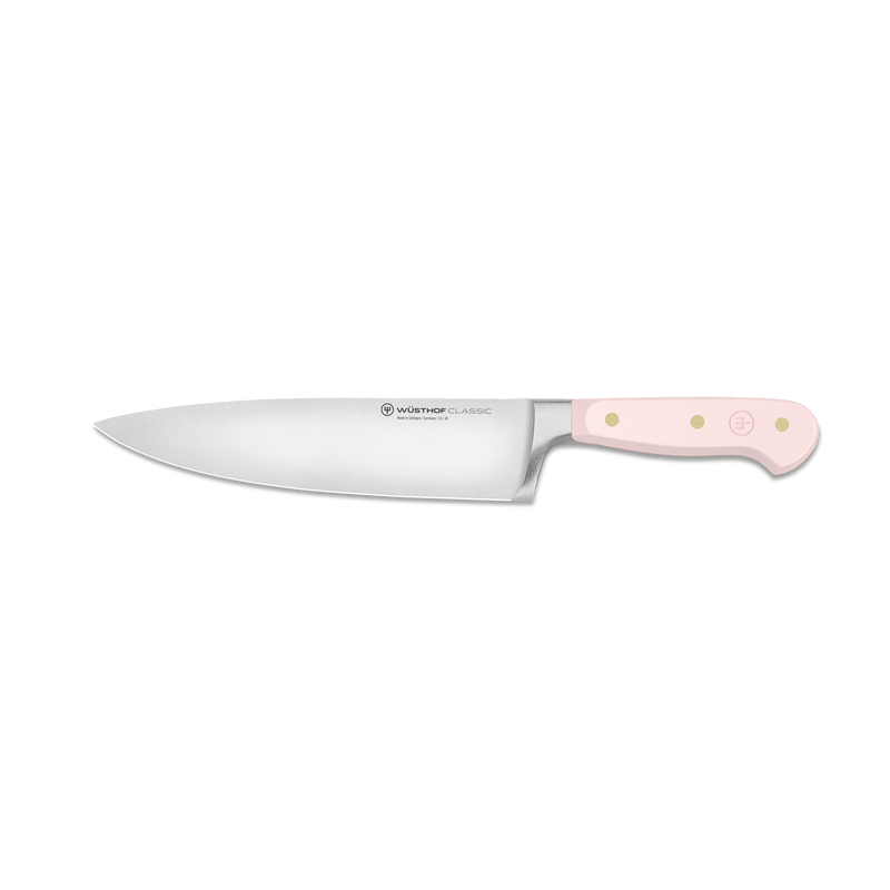 Classic 3-Piece Essential Knife Set - Pink Himalayan Salt featuring a forged German chef’s knife with a sharp stainless steel blade and ergonomic pink handle with brass rivets.