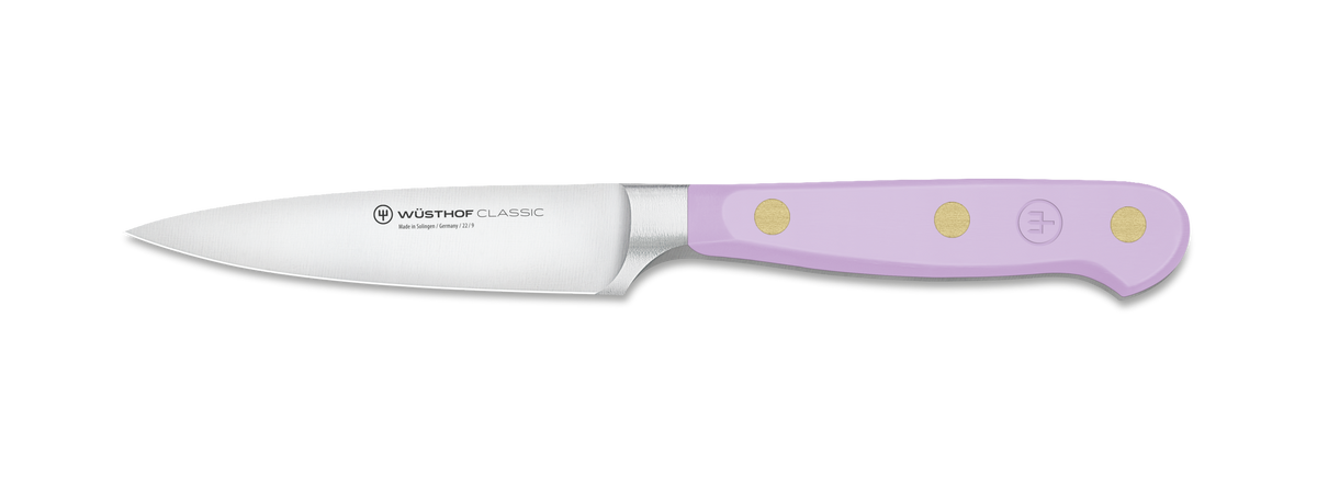 Classic 3-Piece Essential Knife Set - Purple Yam featuring a forged German chef's knife with a sharp stainless steel blade and ergonomic lavender handle with brass rivets.