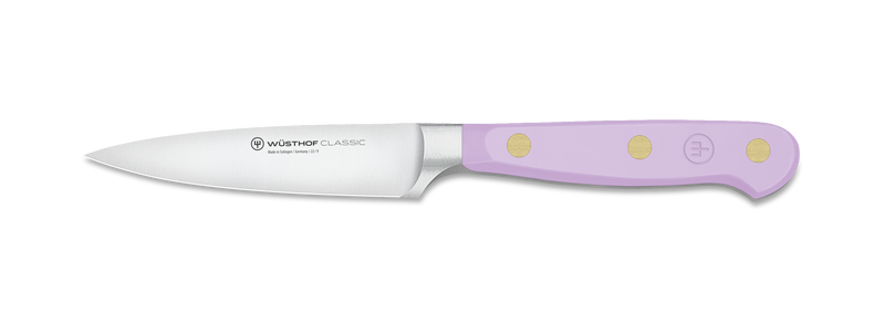 Classic 3-Piece Essential Knife Set - Purple Yam featuring a forged German chef's knife with a sharp stainless steel blade and ergonomic lavender handle with brass rivets.