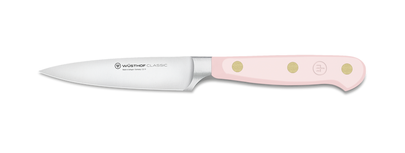 Classic 3-Piece Essential Knife Set - Pink Himalayan Salt featuring a forged German paring knife with sharp stainless steel blade and ergonomic pink handle with brass rivets.
