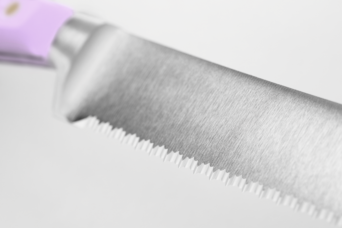 Classic 3-Piece Essential Knife Set - Purple Yam featuring a serrated forged German blade with a sharp edge and ergonomic purple handle.