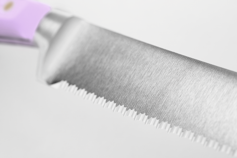 Classic 3-Piece Essential Knife Set - Purple Yam featuring a serrated forged German blade with a sharp edge and ergonomic purple handle.