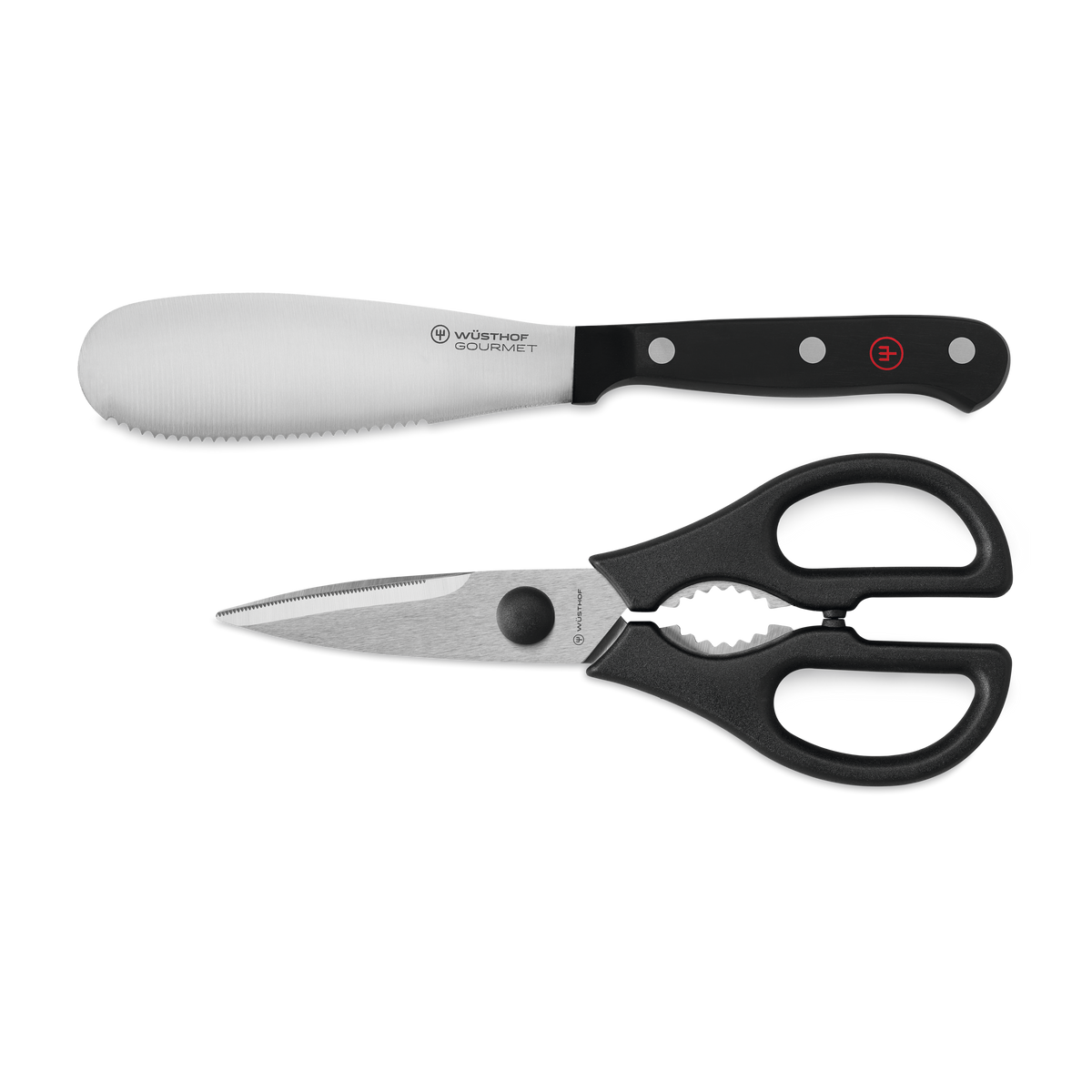 Gourmet 2-Piece Spreader and Shears Set featuring a serrated spreader with a black riveted handle and heavy-duty shears with ergonomic black handles.