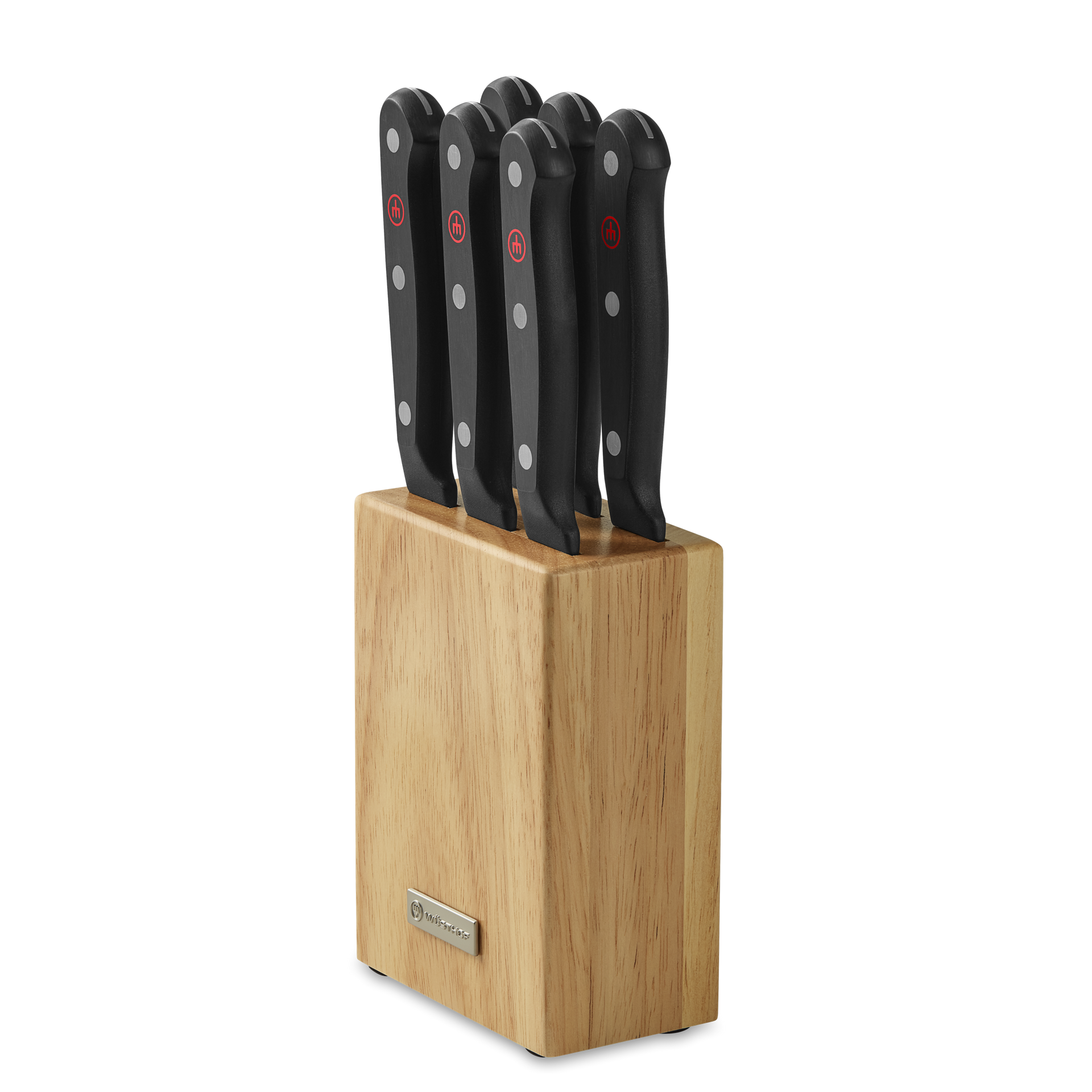 Gourmet 7-Piece Steak Knife Block Set featuring black ergonomic handles with triple rivets and a natural wood block for organized kitchen storage.