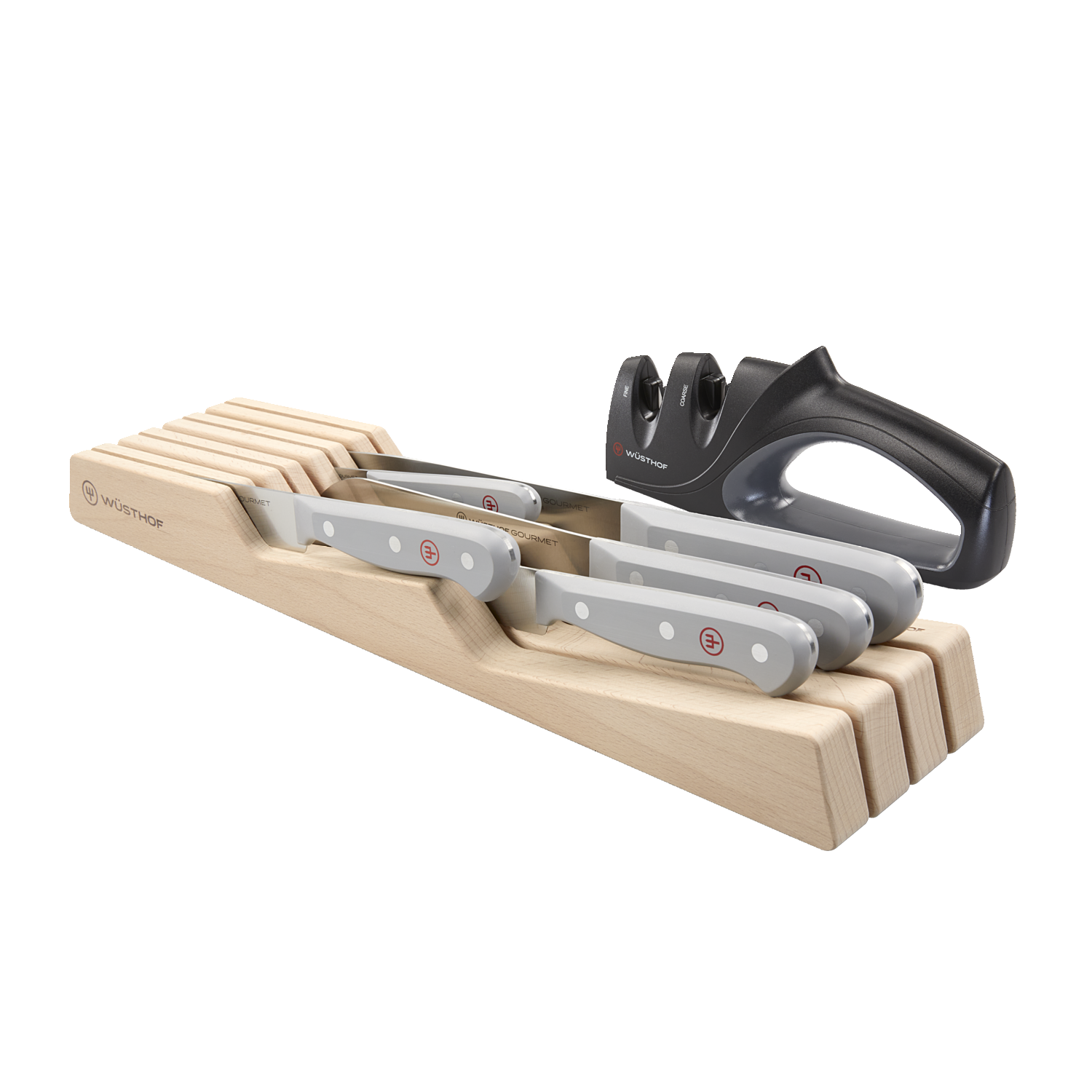 Gourmet 7-Piece In-Drawer Knife Set featuring forged German knives with gray ergonomic handles and polished rivets, plus a black dual-stage sharpener.