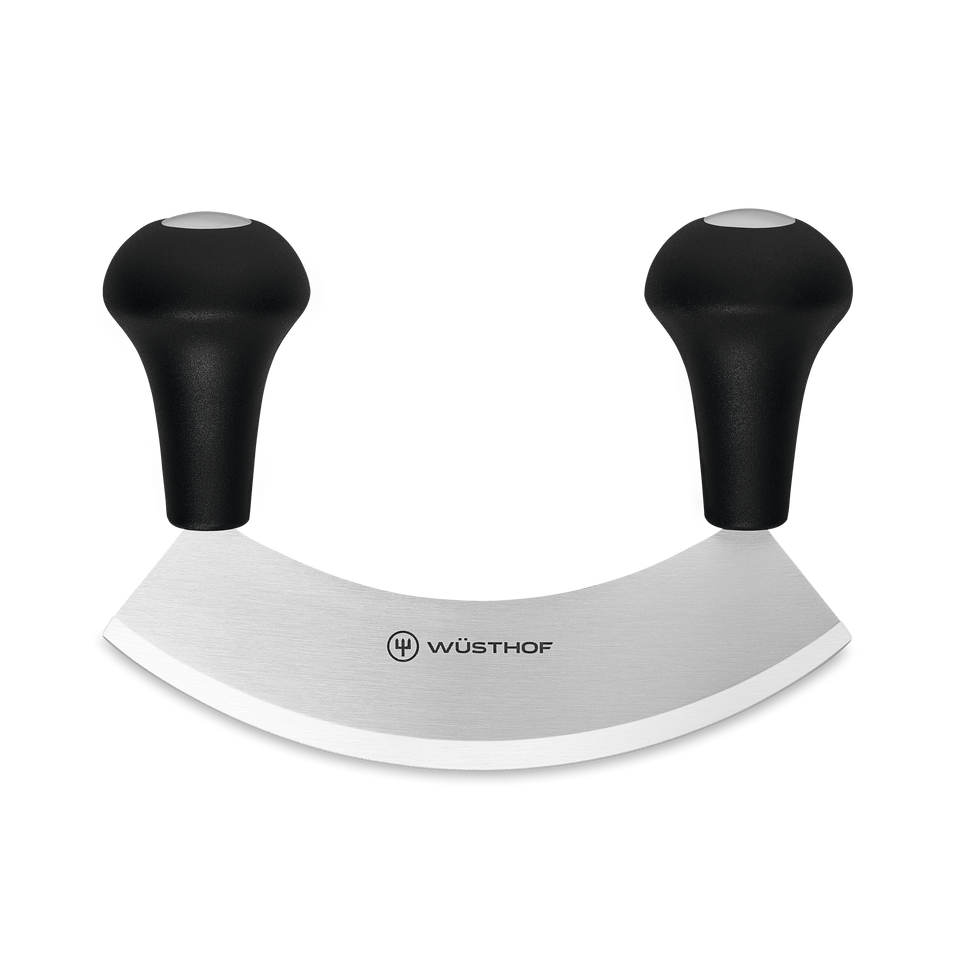 Mincing Knife with curved forged stainless steel blade and ergonomic black handles for precise and efficient chopping in the kitchen.