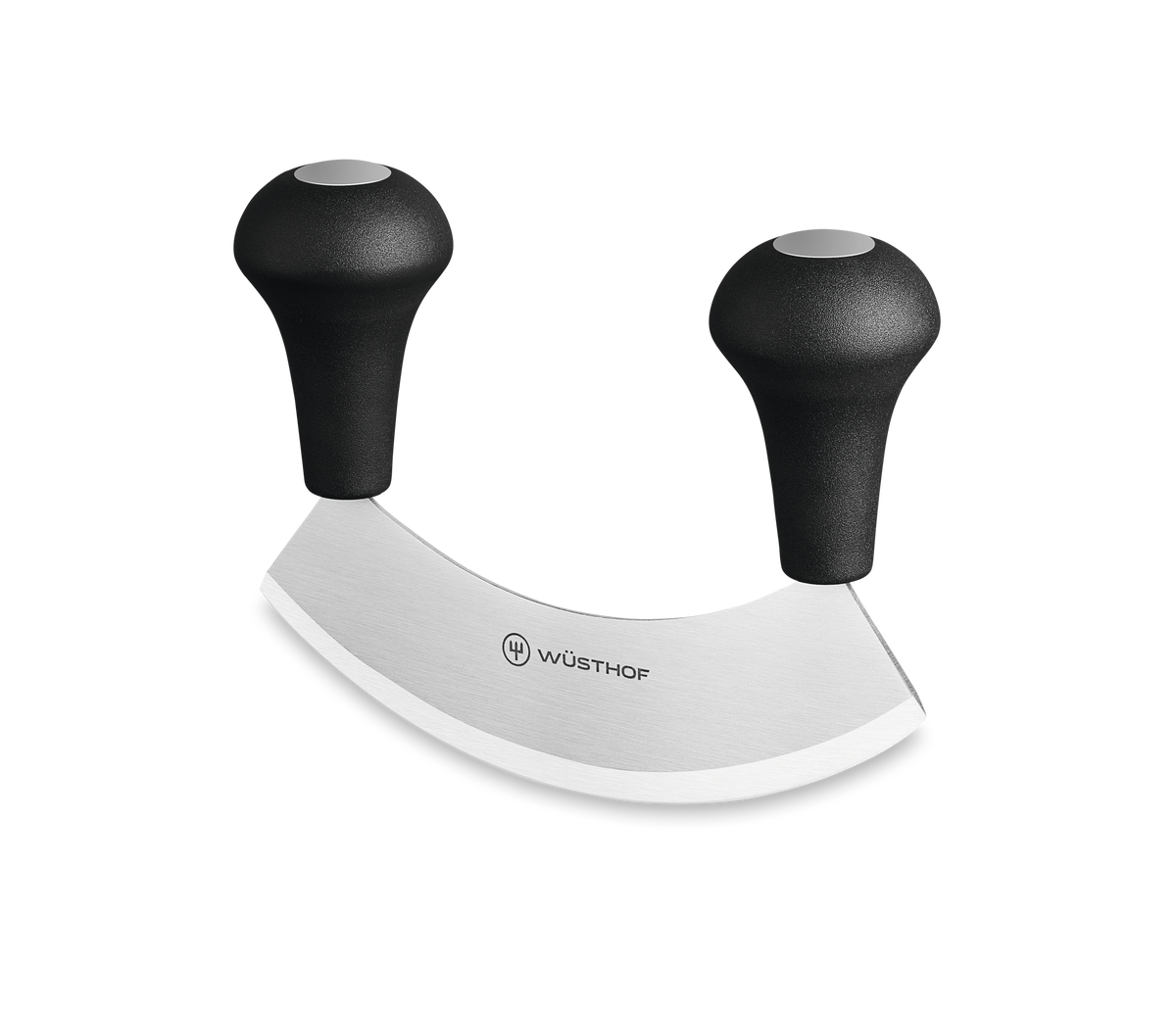 Mincing Knife with curved forged stainless steel blade and two ergonomic black handles for controlled rocking and chopping motions in the kitchen.