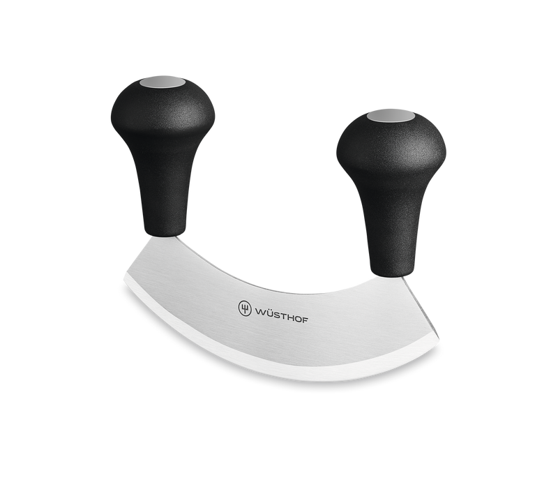 Mincing Knife with curved forged stainless steel blade and two ergonomic black handles for controlled rocking and chopping motions in the kitchen.