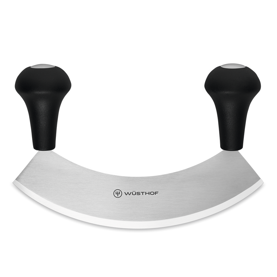 Mincing Knife with wide, curved forged stainless steel blade and two black ergonomic handles designed for comfortable rocking and chopping motions.