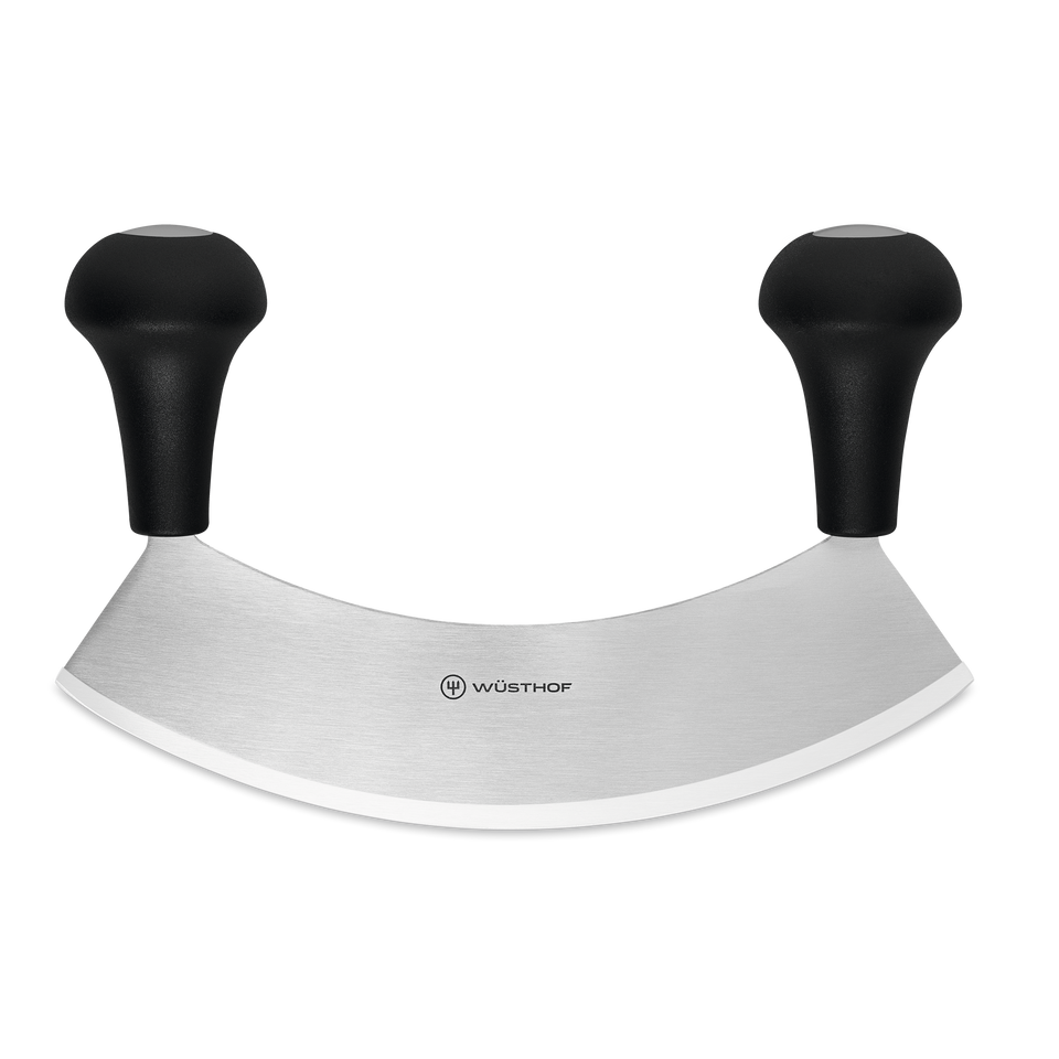 Mincing Knife featuring a curved forged stainless steel blade with two black ergonomic handles for efficient rocking and chopping in the kitchen.