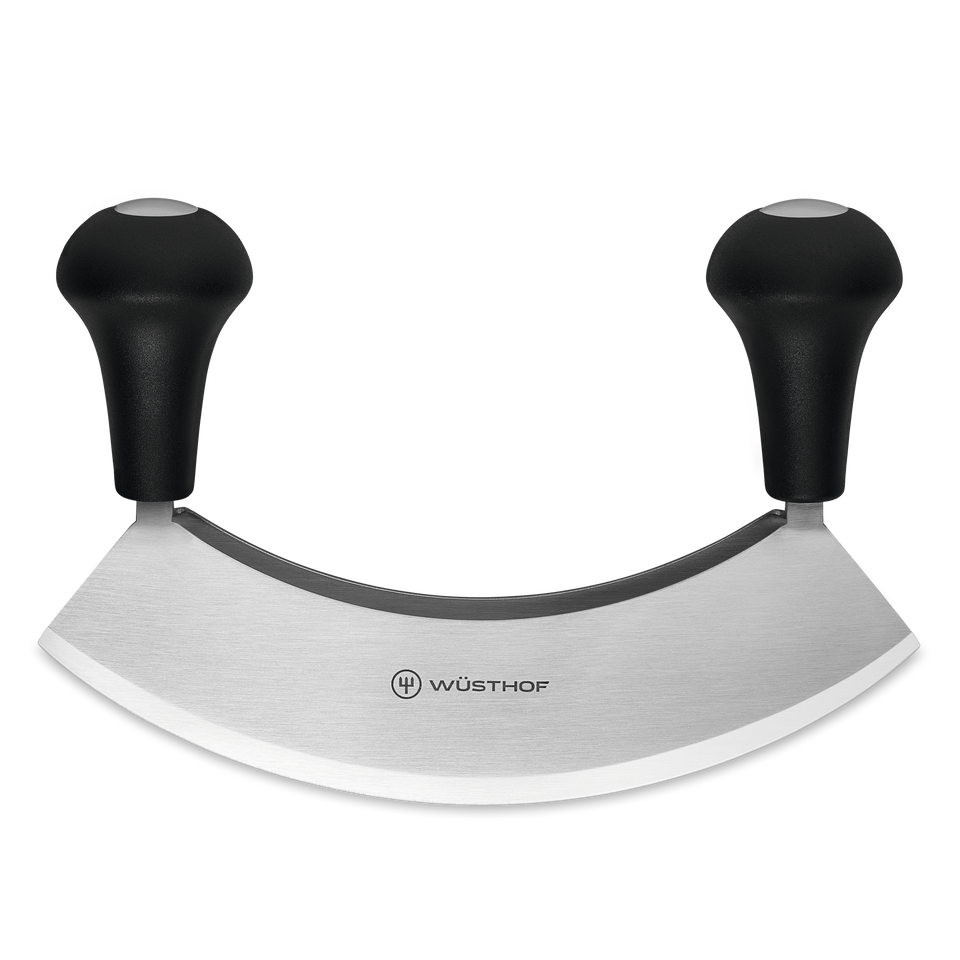 Double-Bladed Mincing Knife with curved forged stainless steel blade and ergonomic black handles, designed for efficient chopping and mincing in the kitchen.