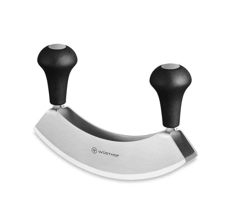 Double-Bladed Mincing Knife with a curved, forged stainless steel blade and ergonomic black handles for precision chopping and mincing tasks.