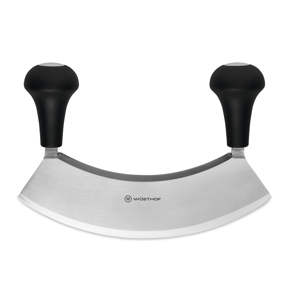Double-Bladed Mincing Knife featuring a curved forged stainless steel blade with ergonomic black handles for controlled rocking and chopping.