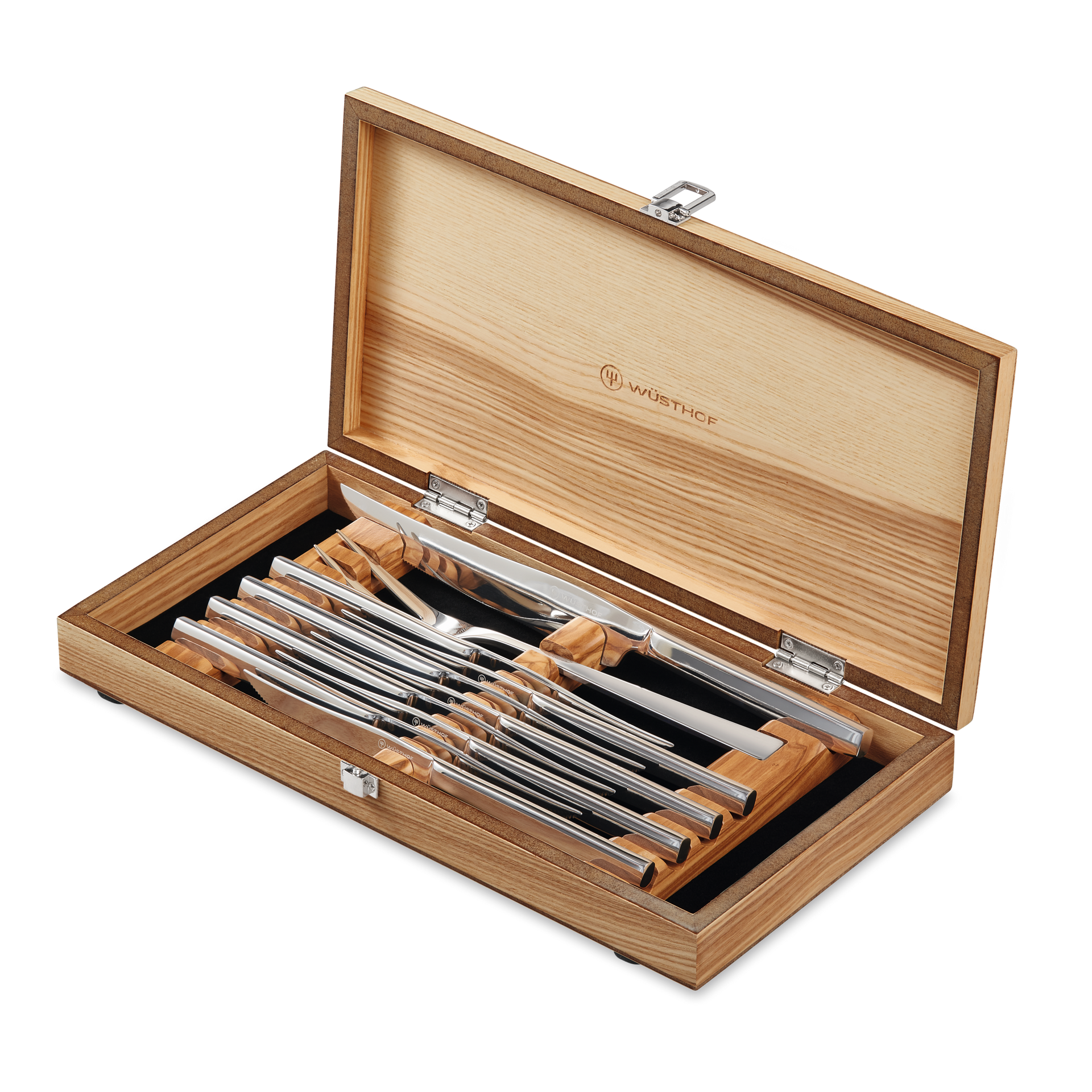 10-Piece Stainless Mignon Steak & Carving Set with polished stainless steel blades and wooden handles displayed in an open wooden presentation box.