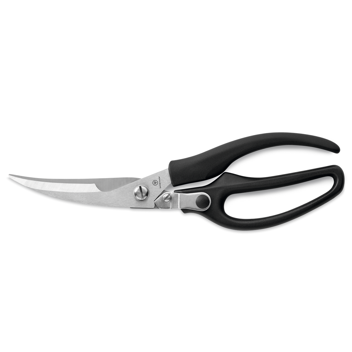 Poultry Shears with curved stainless steel blades and black ergonomic handles designed for precise and comfortable cutting in the kitchen.