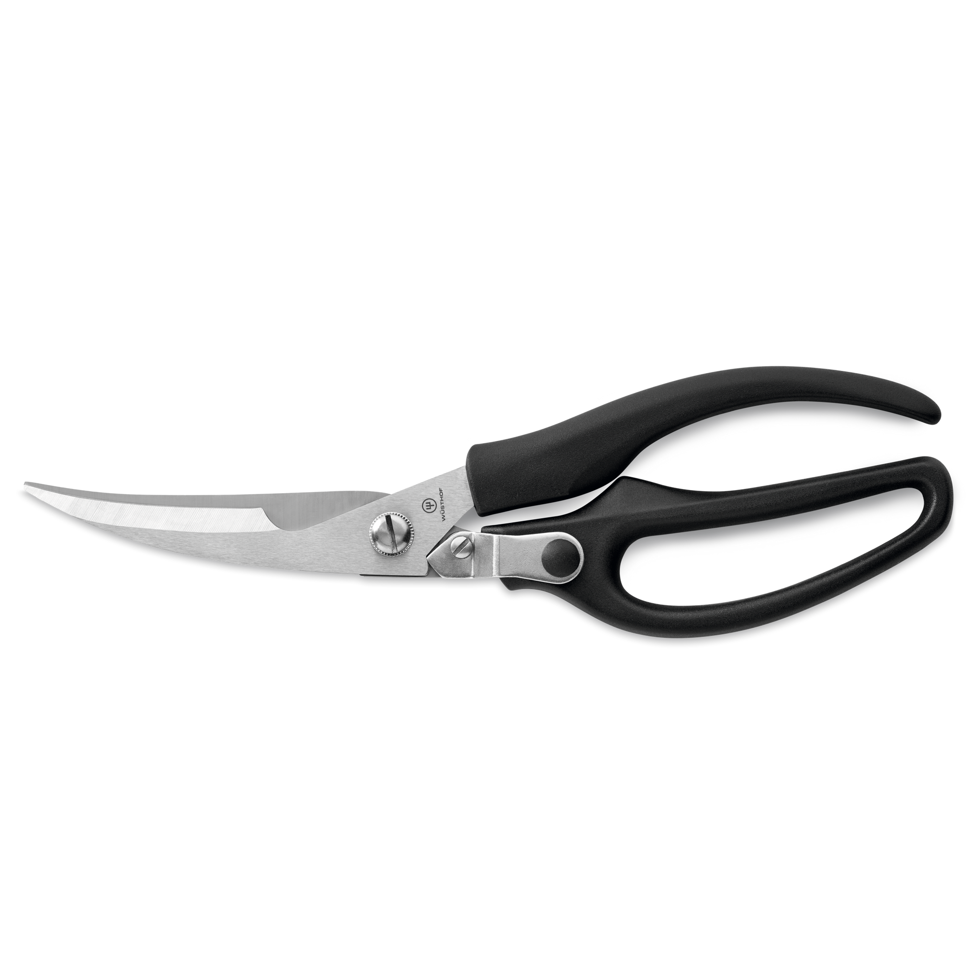Poultry Shears with curved stainless steel blades and black ergonomic handles designed for precise and comfortable cutting in the kitchen.