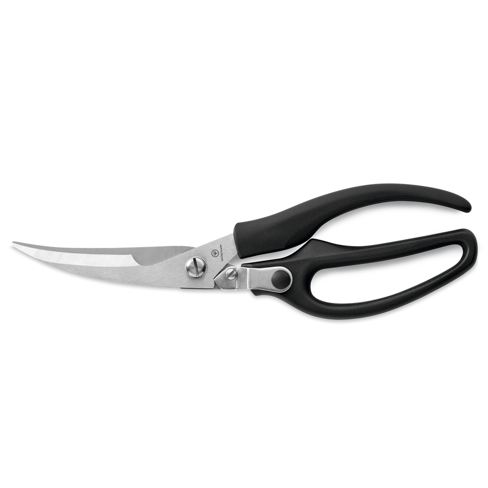 Poultry Shears with curved stainless steel blades and black ergonomic handles designed for precise and comfortable cutting in the kitchen.