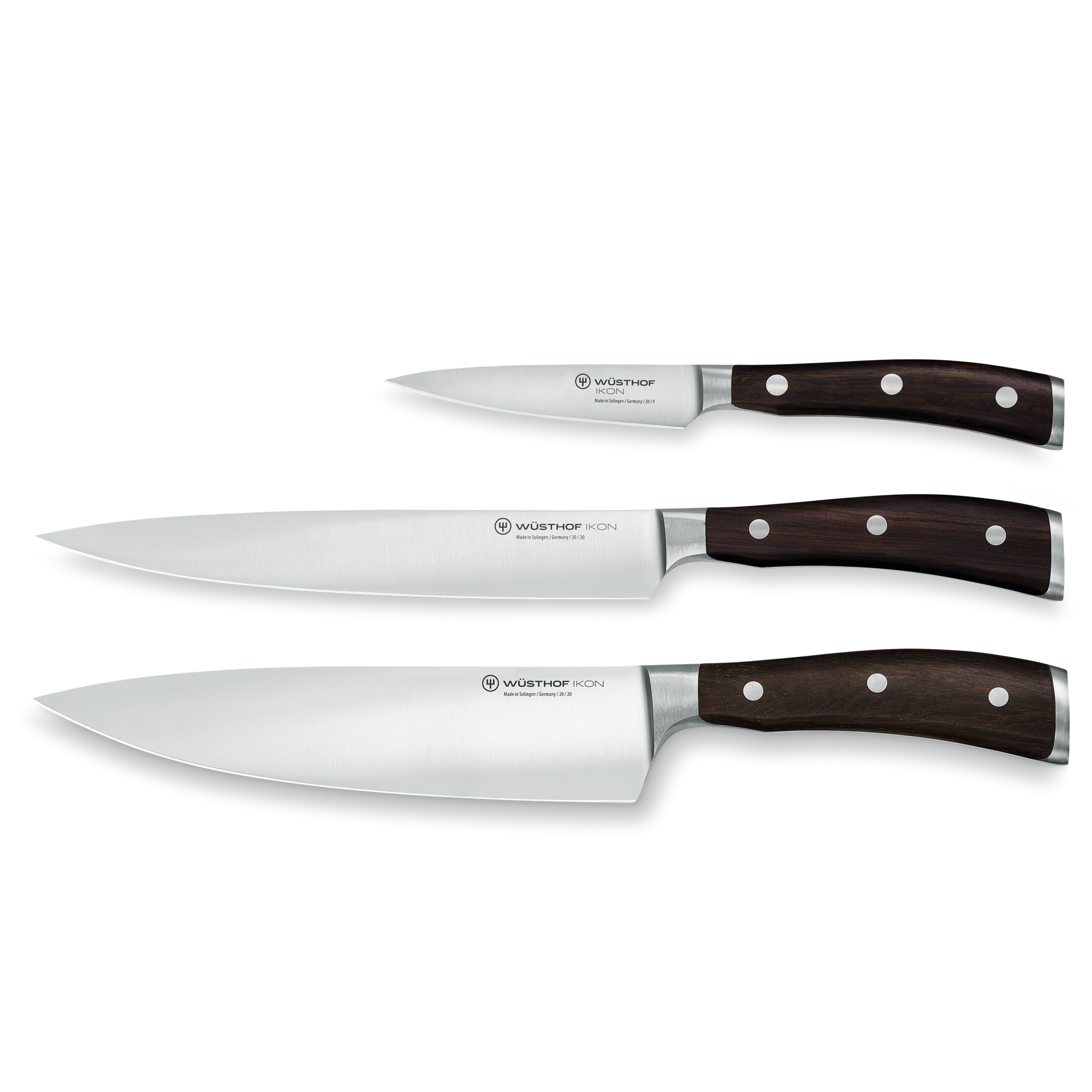 Ikon 3-Piece Knife Set with forged German stainless steel blades and triple-riveted dark wooden handles, designed for versatile kitchen cutting tasks.
