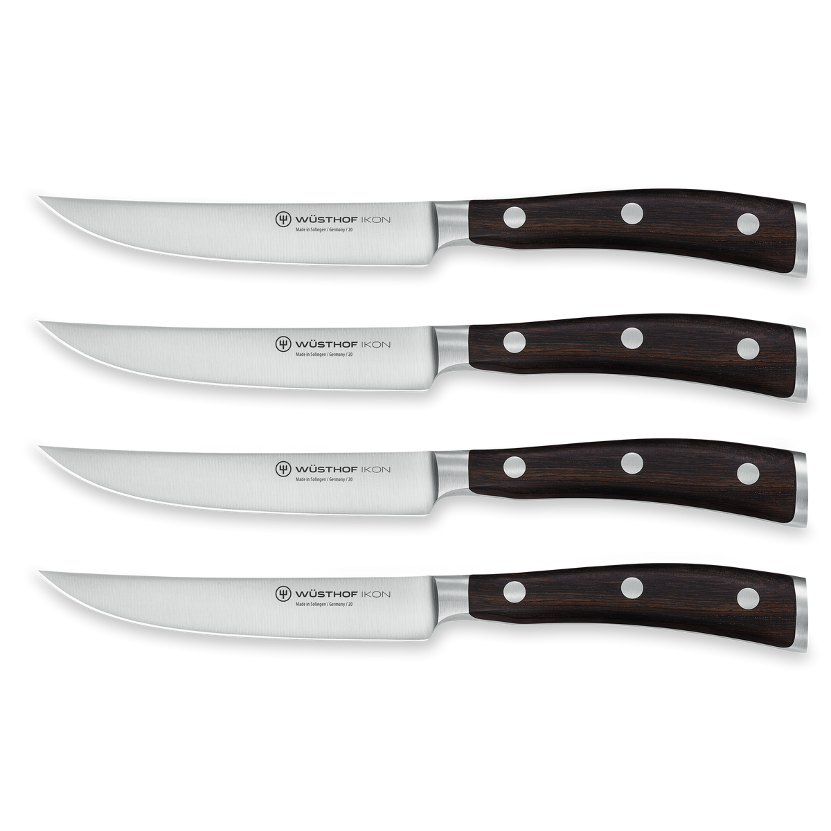 Ikon 4-Piece Steak Knife Set with forged German stainless steel blades and dark triple-riveted wooden handles, designed for precision steak cutting.