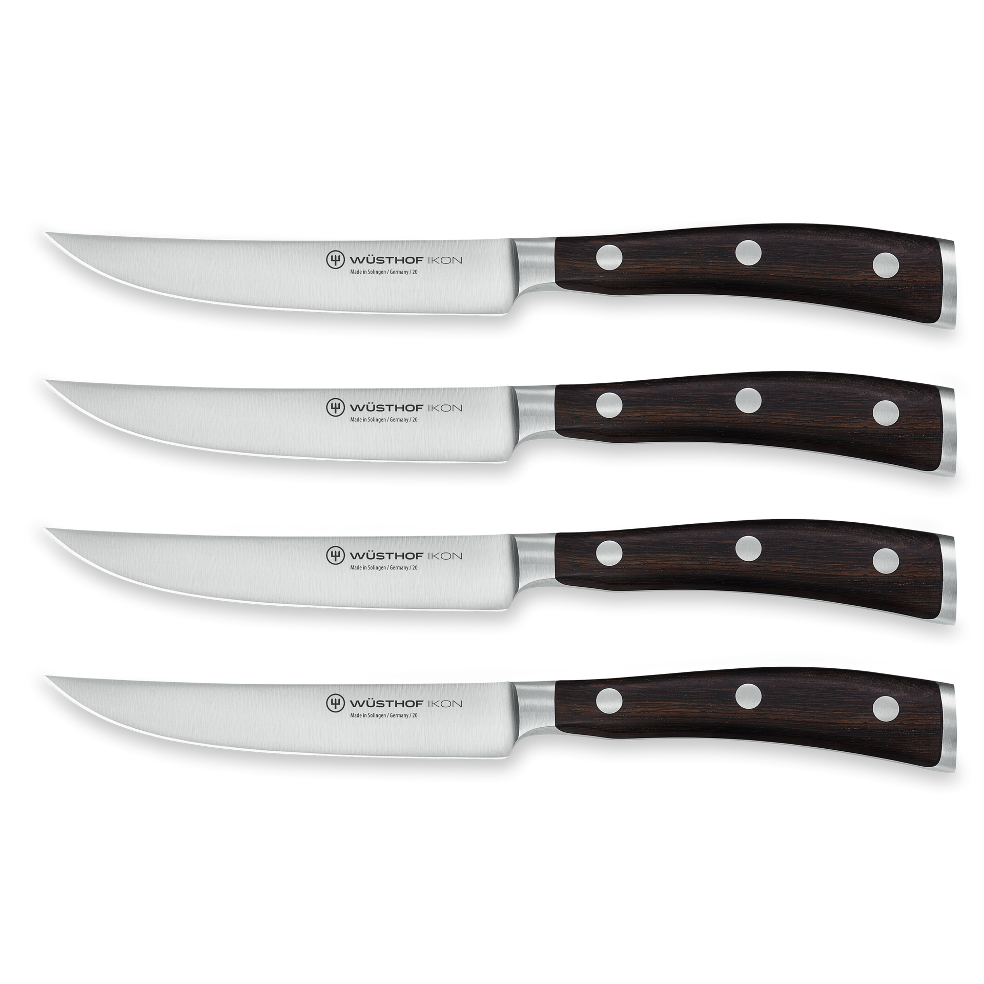 Ikon 4-Piece Steak Knife Set with forged German stainless steel blades and dark triple-riveted wooden handles, designed for precision steak cutting.