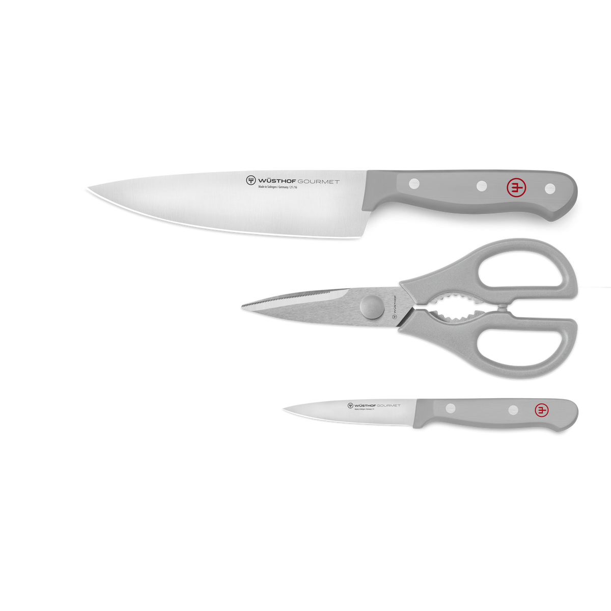 Gourmet 3-Piece Prep Set featuring a forged German chef’s knife, kitchen shears, and paring knife with gray ergonomic handles and polished rivets.