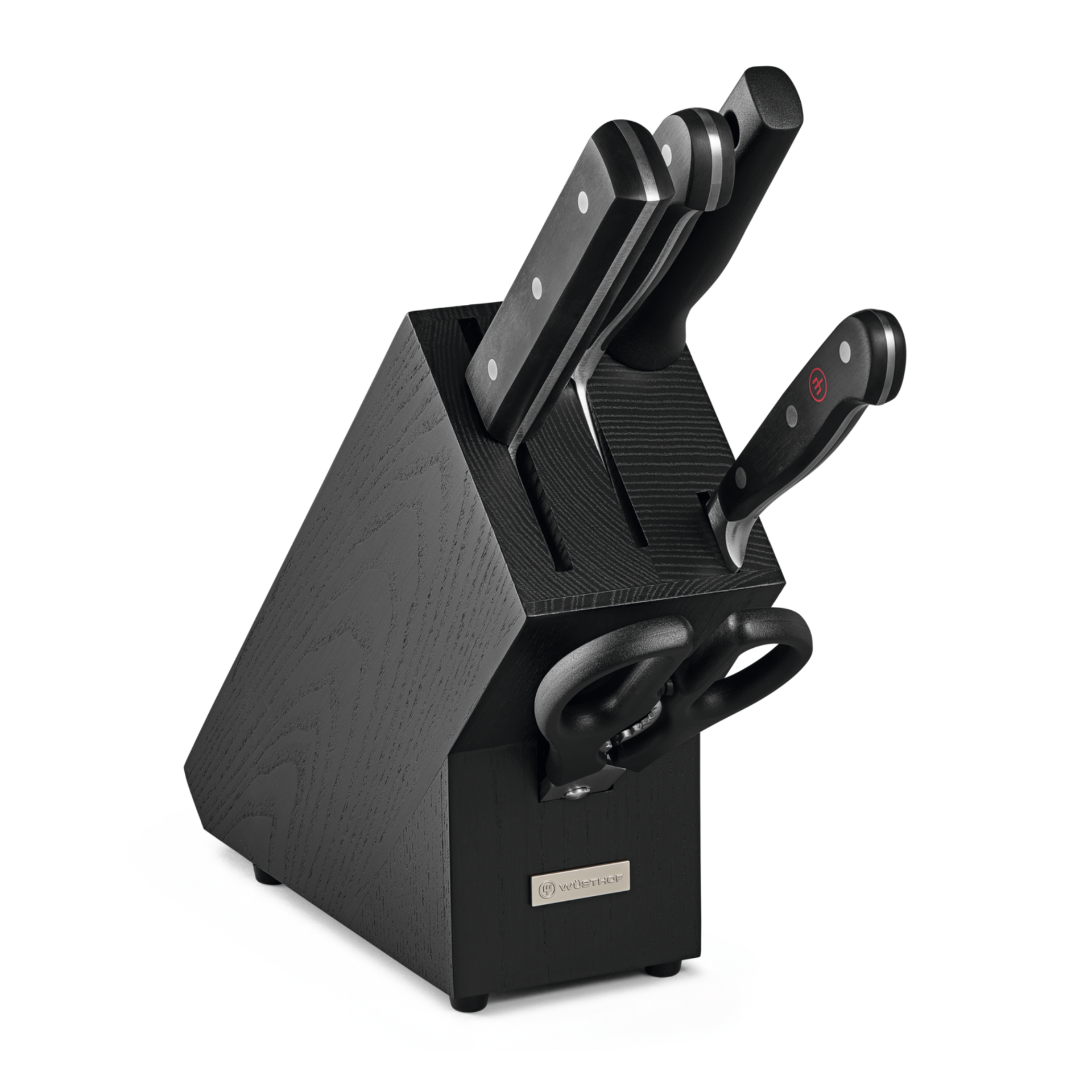 Classic 6-Piece Asian Knife Block Set with black wooden block, including forged German steel knives and kitchen shears with ergonomic black handles.