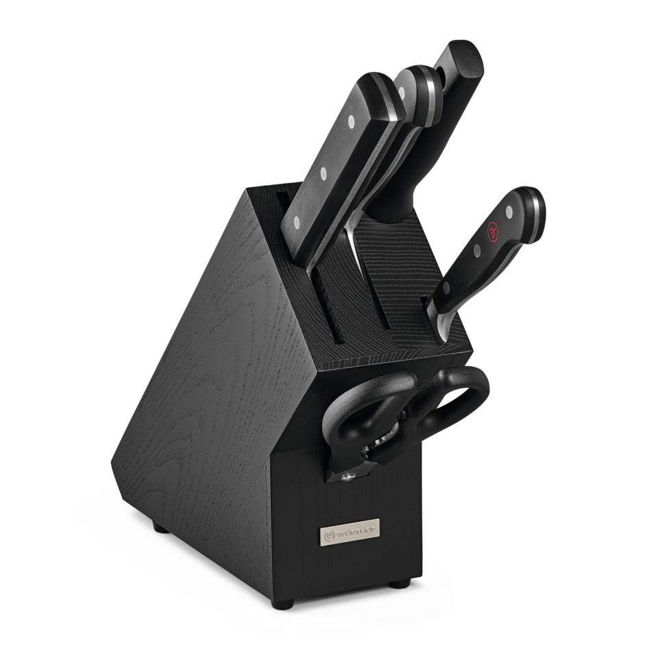 Classic 6-Piece Asian Knife Block Set with black wooden block, including forged German steel knives and kitchen shears with ergonomic black handles.