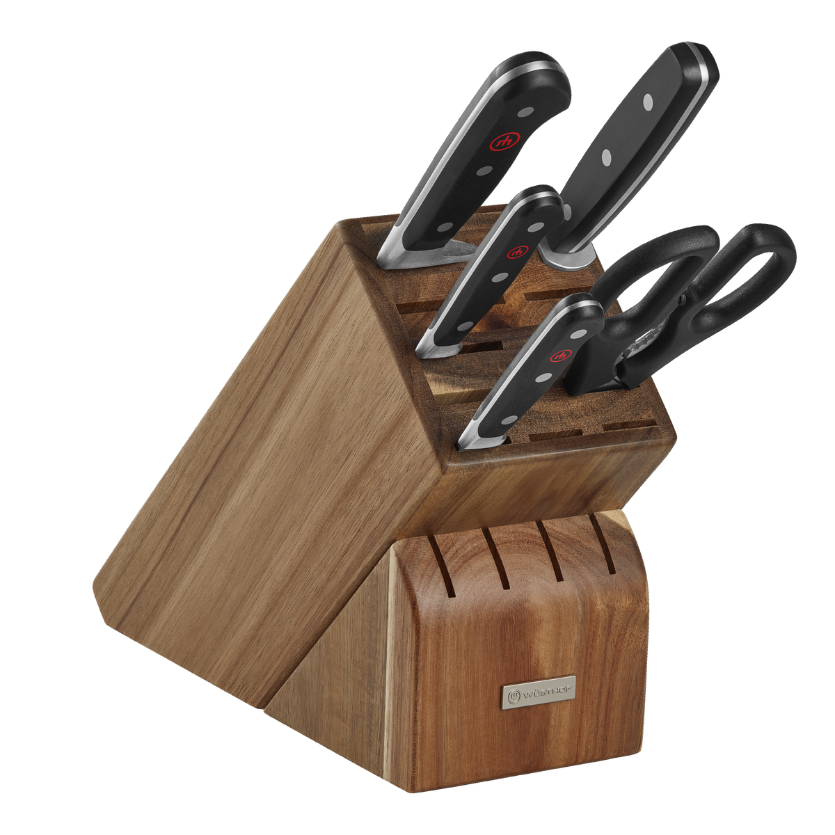 Classic 6-Piece Starter Knife Block Set with ergonomic black handles, full tang blades, and a sturdy wooden block featuring an integrated sharpener.